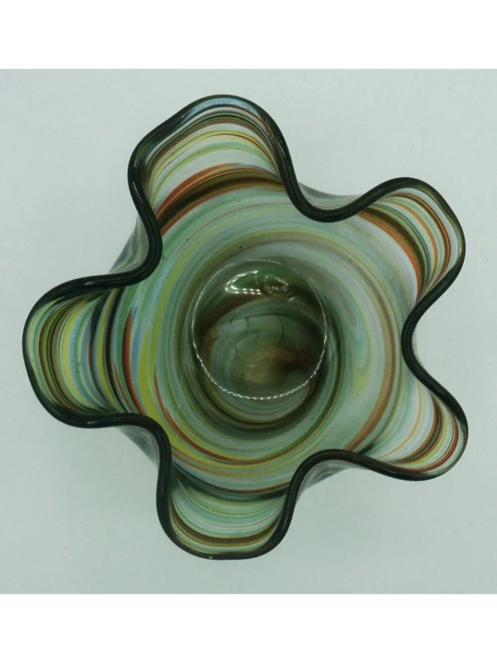 Hand Blown Art Glass Handkerchief Bowl Rainbow Swirl Ruffled  Edge Bowl